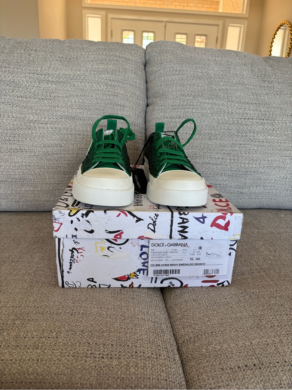 Dolce & Gabbana Emerald Green crystal Low-Top Sneakers with White Sole